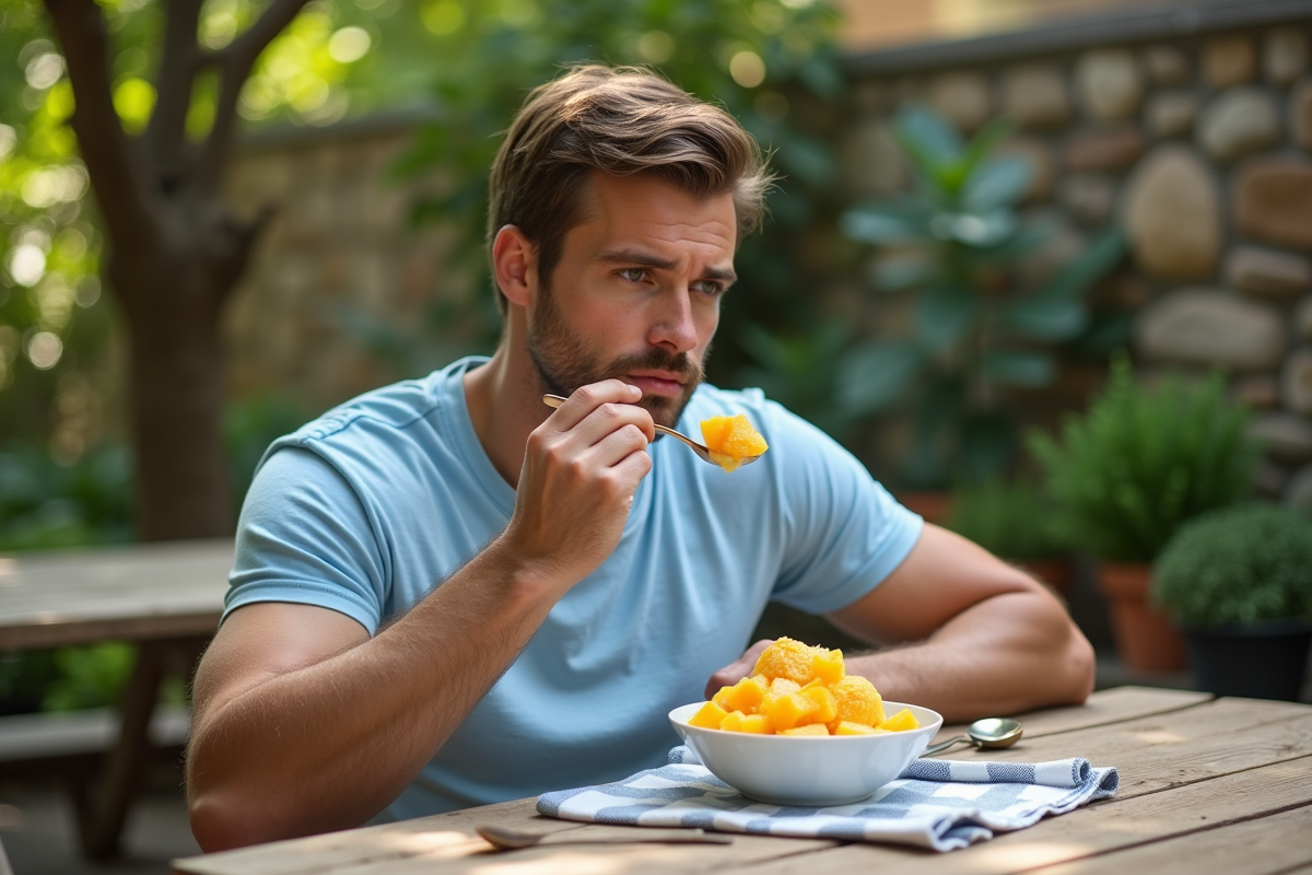 Homme dégustant un sorbet mangue coco en extérieur