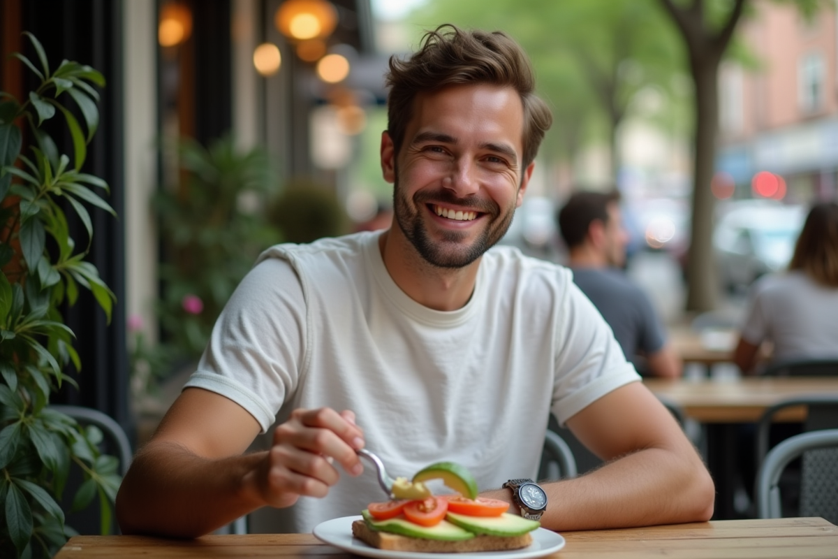 Jeune homme dégustant une tartine à l