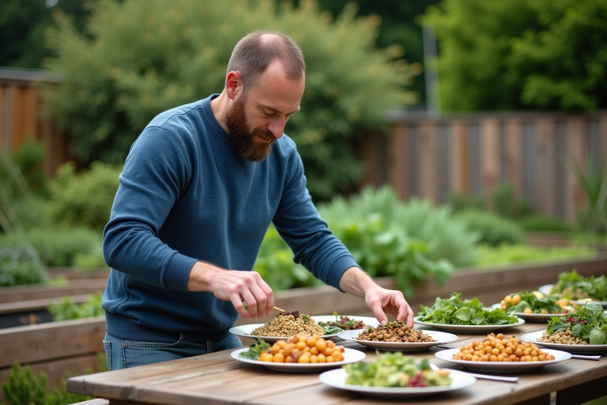 Homme arrangeant des plats vegan dans un jardin verdoyant