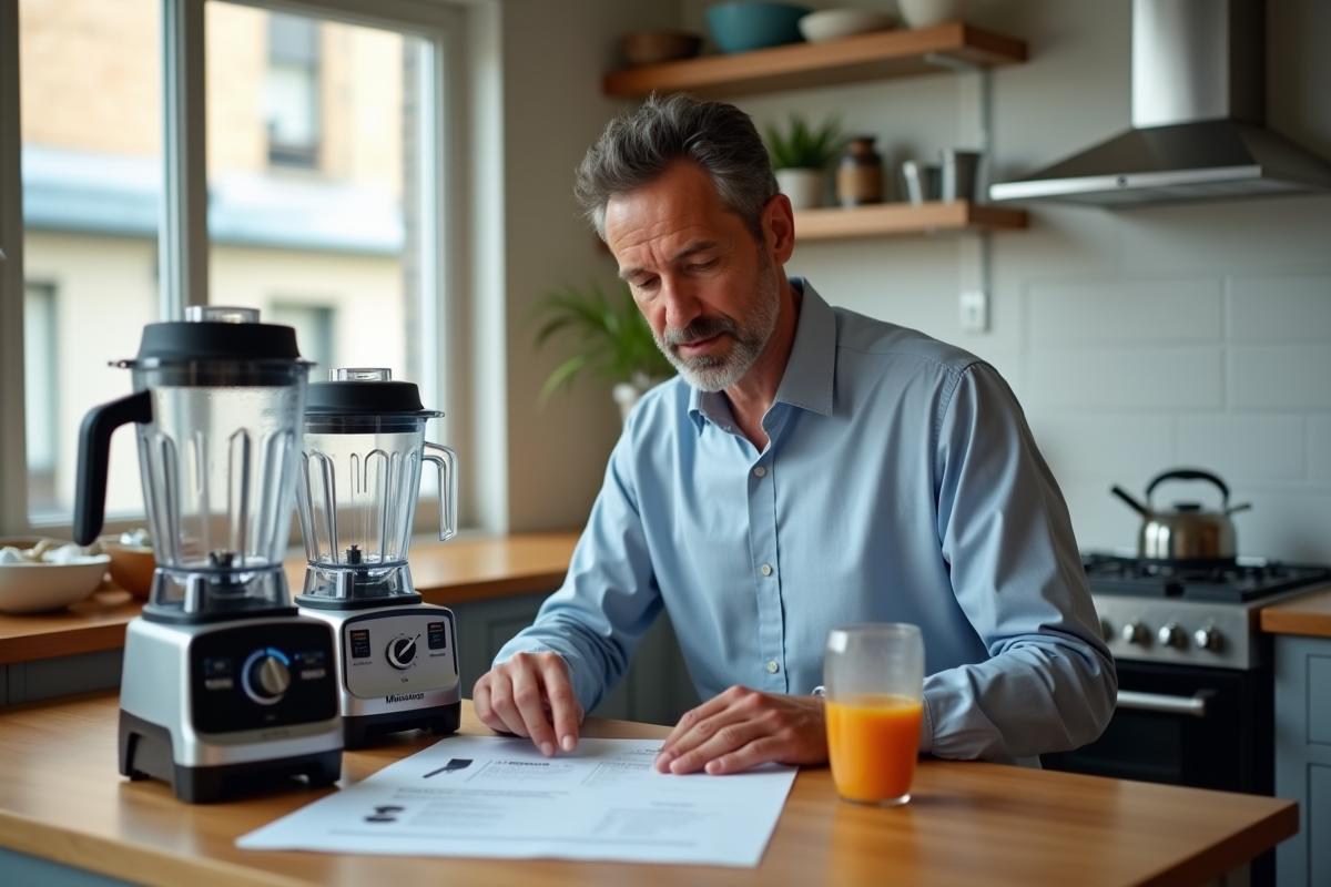 Homme examinant des spécifications de blenders sur la table