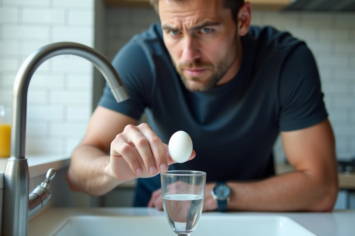 Homme tenant un œuf au-dessus d'un verre d'eau pour vérifier sa fraîcheur dans une cuisine contemporaine