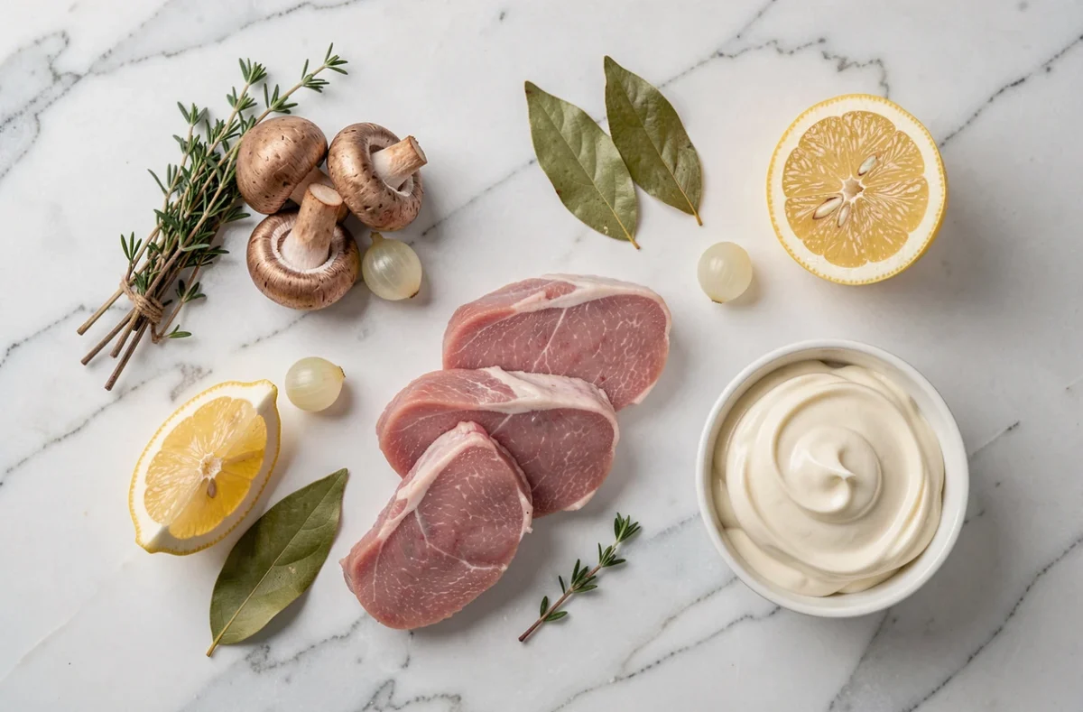 Ingrédients frais pour une blanquette de veau rapide disposés sur un plan de travail en marbre blanc
