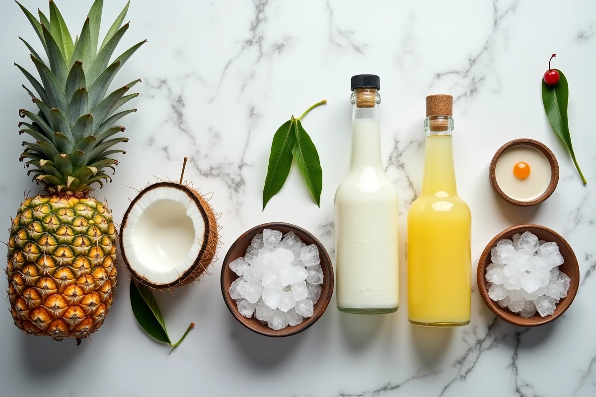 Vue du dessus des ingrédients d'un Piña Colada : ananas frais, noix de coco, rhum blanc et crème de coco sur marbre blanc