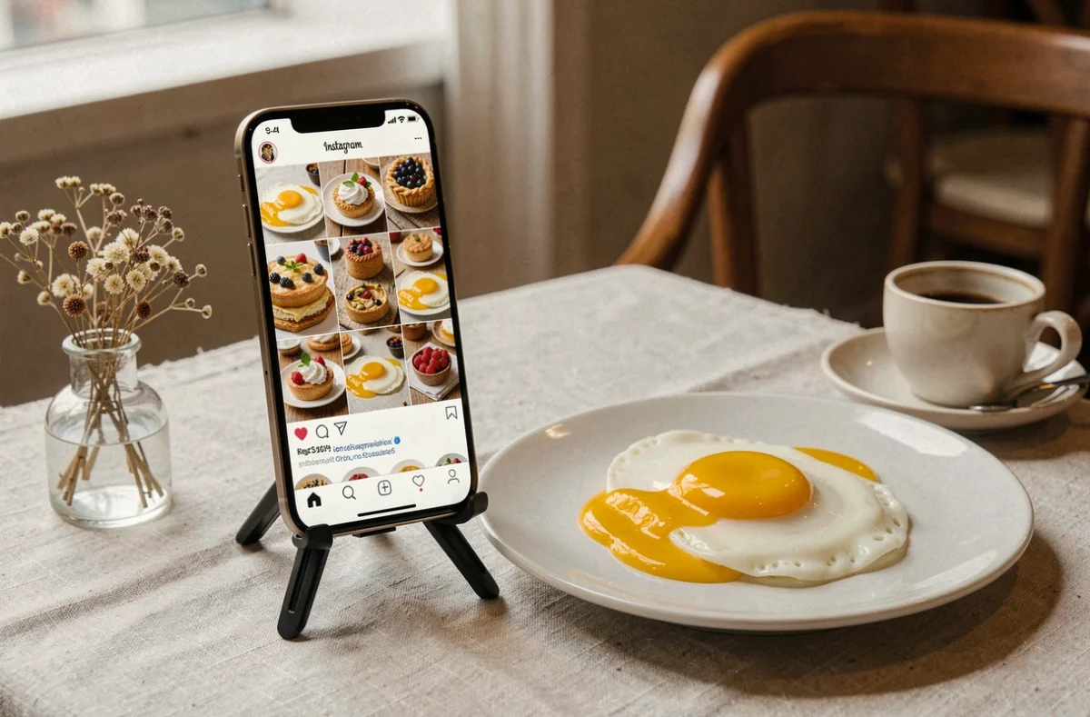 Smartphone affichant une grille Instagram de pâtisseries trompe l'oeil posé à côté d'un dessert en chocolat blanc imitant un œuf au plat sur une table de café stylisée