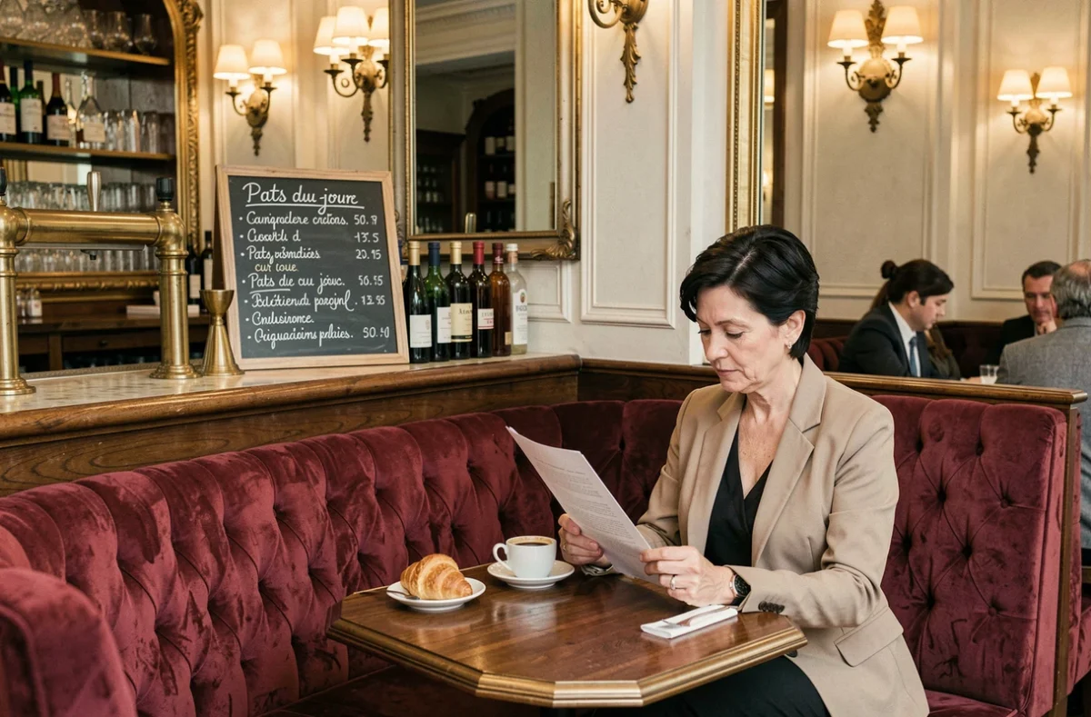 Intérieur élégant du Café du Châtelet avec bar en zinc, banquettes en velours rouge et menu ardoise parisien traditionnel