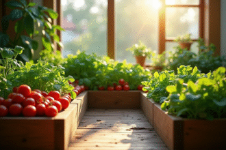 Jardin intérieur urbain avec tomates et fraises en lits en bois