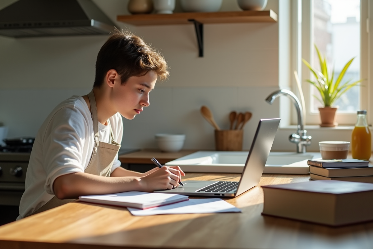 Jeune adulte étudiant la théorie culinaire à la maison