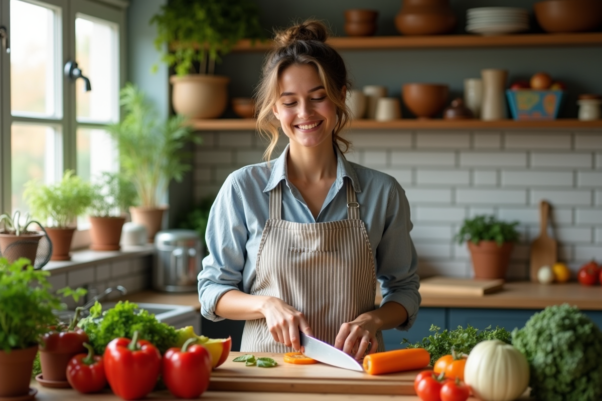 Jeune cuisiniere souriante coupant des légumes dans une cuisine chaleureuse