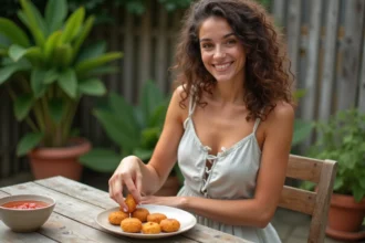 Jeune femme en été dégustant des beignets d'aubergine en extérieur
