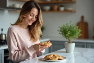 Jeune femme souriante avec cookie dans une cuisine chaleureuse