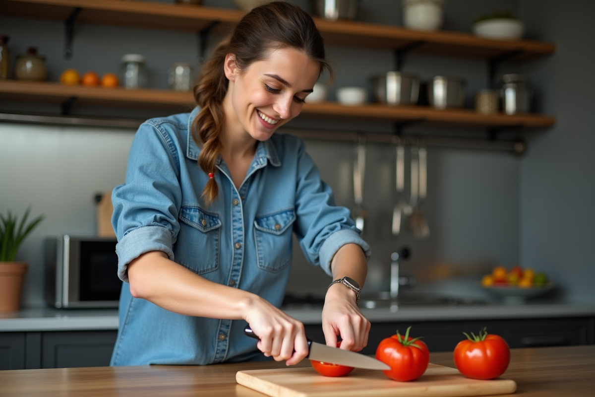 Jeune femme testant la coupe d’un couteau sur une tomate