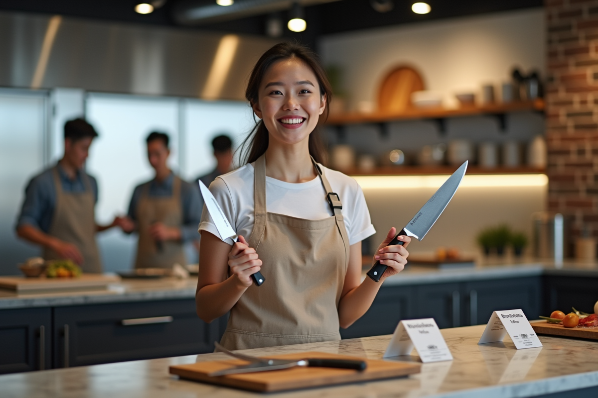 Jeune femme souriante explique deux couteaux dans une cuisine moderne