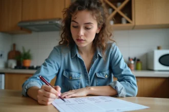 Jeune femme remplit un tableau de conversion dans la cuisine