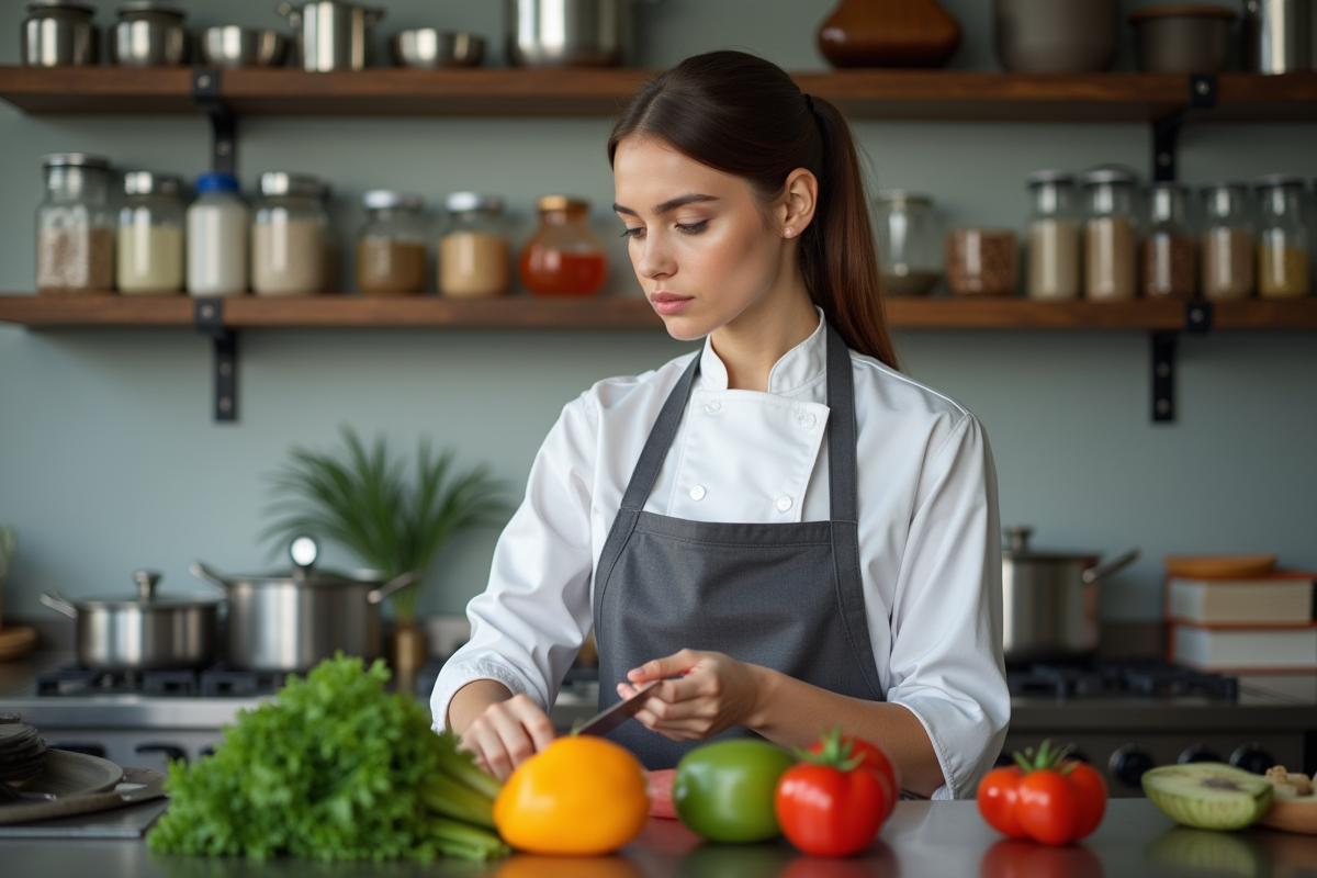 Jeune femme en cuisine avec légumes frais et couteau