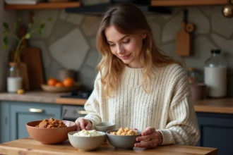 Jeune femme examine trois bols d'ingrédients de chataignes
