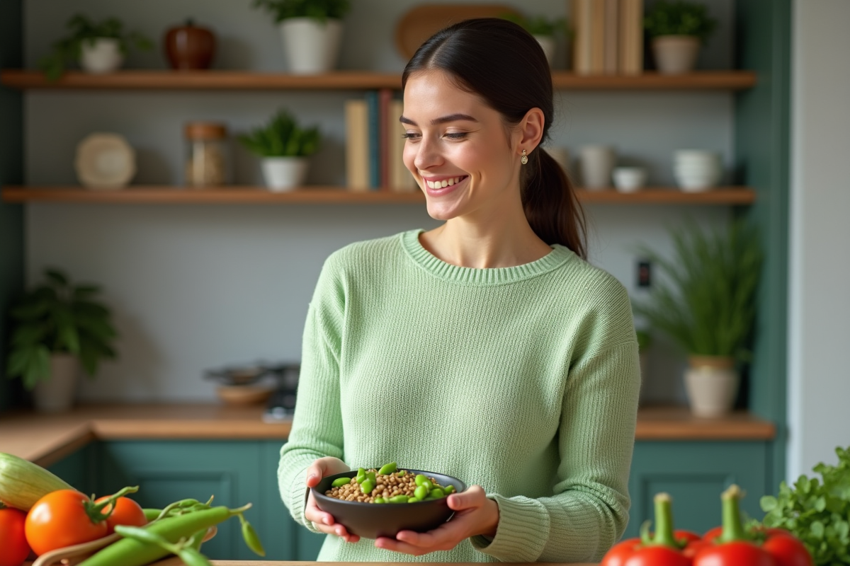 Jeune femme souriante avec bol de legumes vapeur