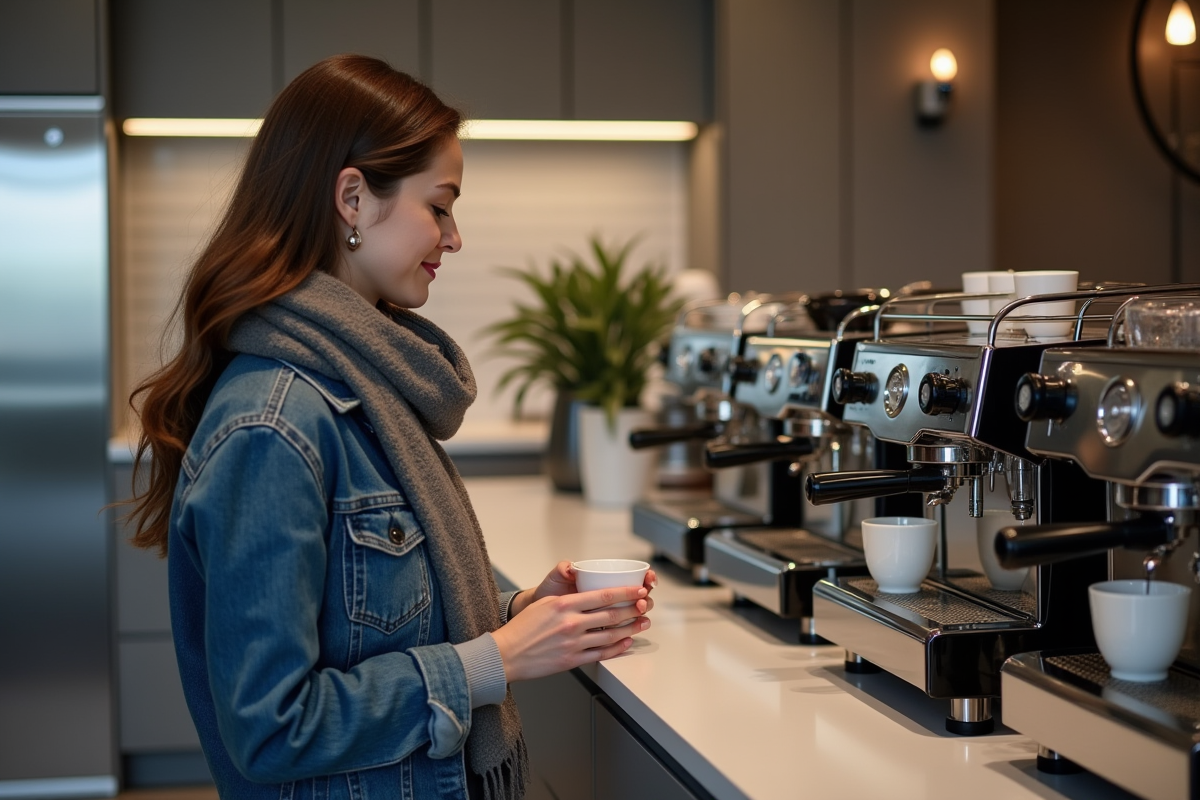 Jeune femme admirant machines à espresso en showroom moderne
