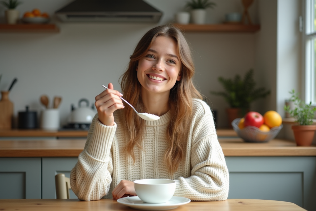 Jeune femme dégustant un yogourt dans une cuisine moderne