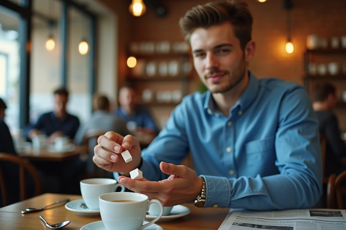 Jeune homme versant des cubes de sucre dans sa main