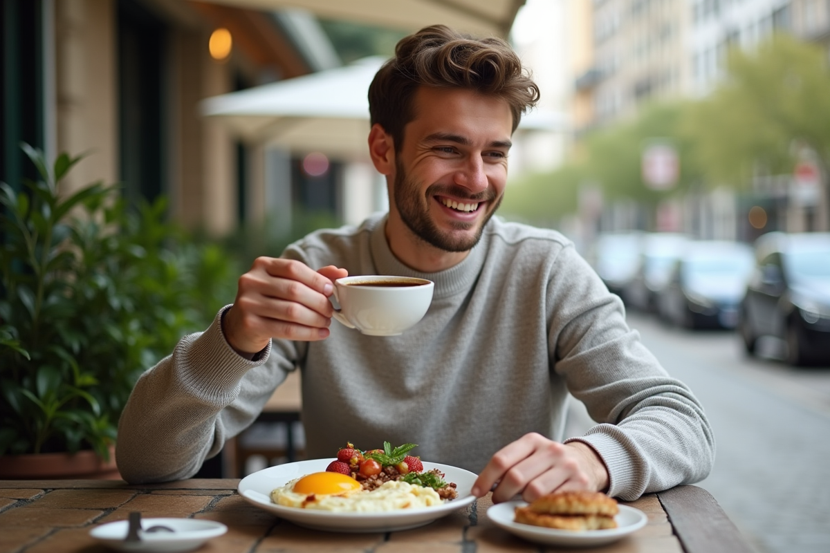 Homme détendu dégustant un bol de petit déjeuner en terrasse