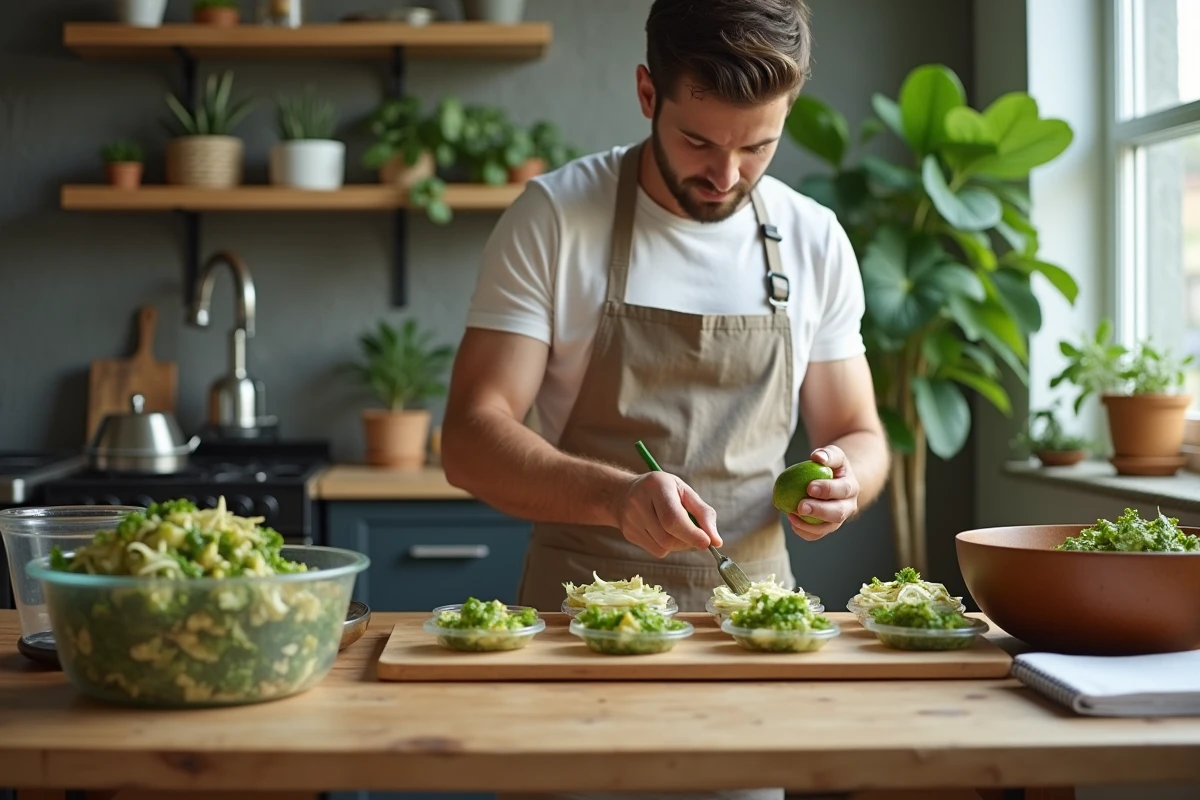 Jeune homme portionnant des courgettes dans des contenants