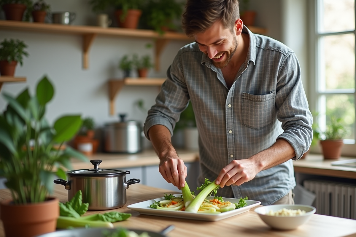 Jeune homme arrangeant des endives cuites sur une assiette