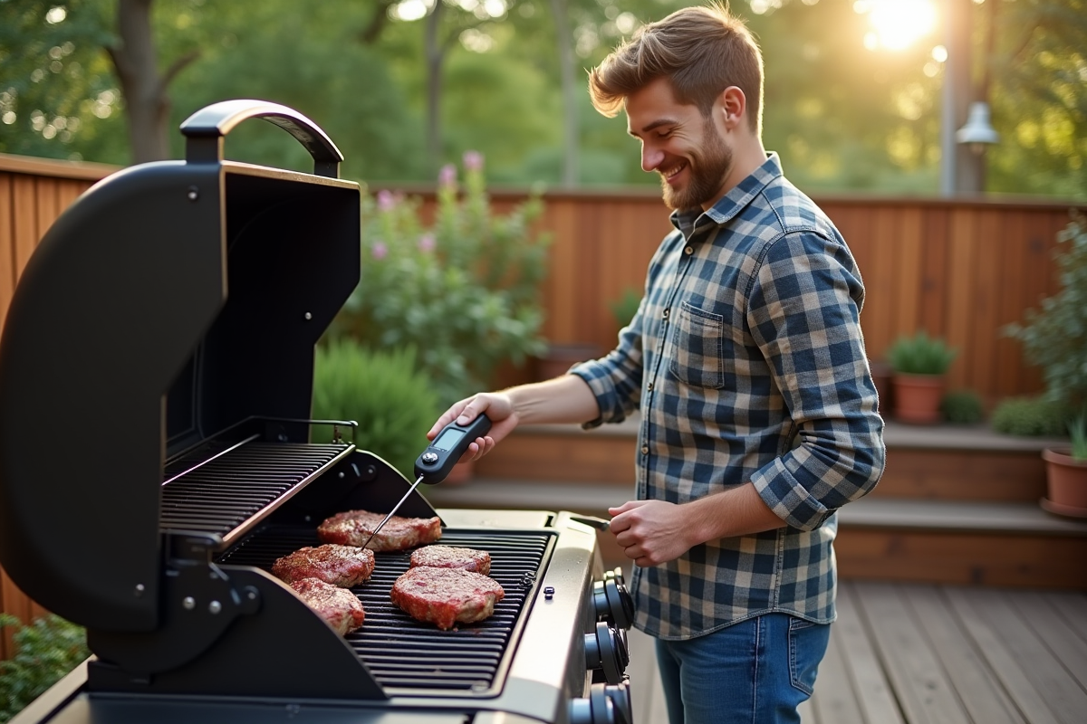 Jeune homme en chemise à carreaux utilisant un thermometre pour barbecue