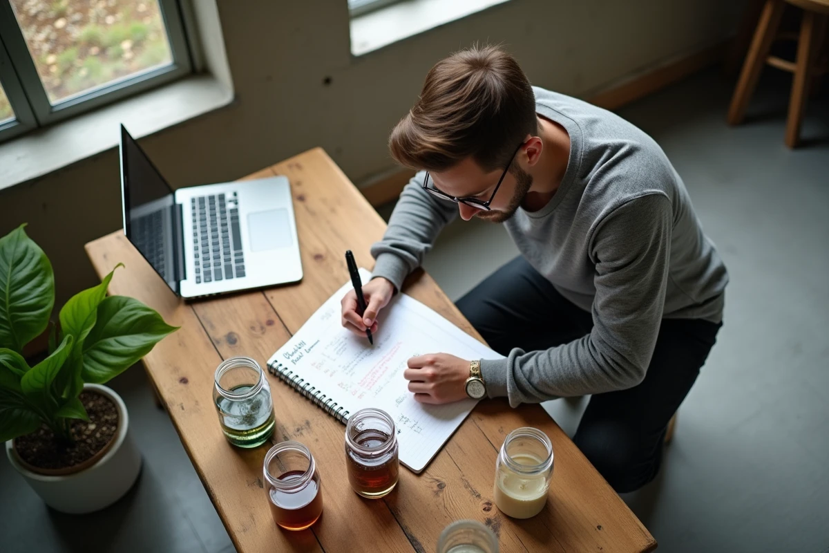 Jeune homme notant des conversions dans un carnet avec bocaux en cuisine