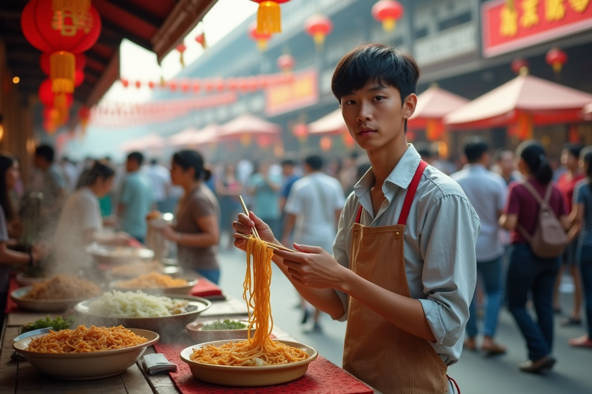 Jeune homme chinois avec des nouilles dans un marché de rue animé