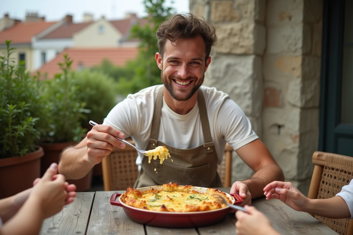 Jeune homme présentant une pizza de courgettes gratinée