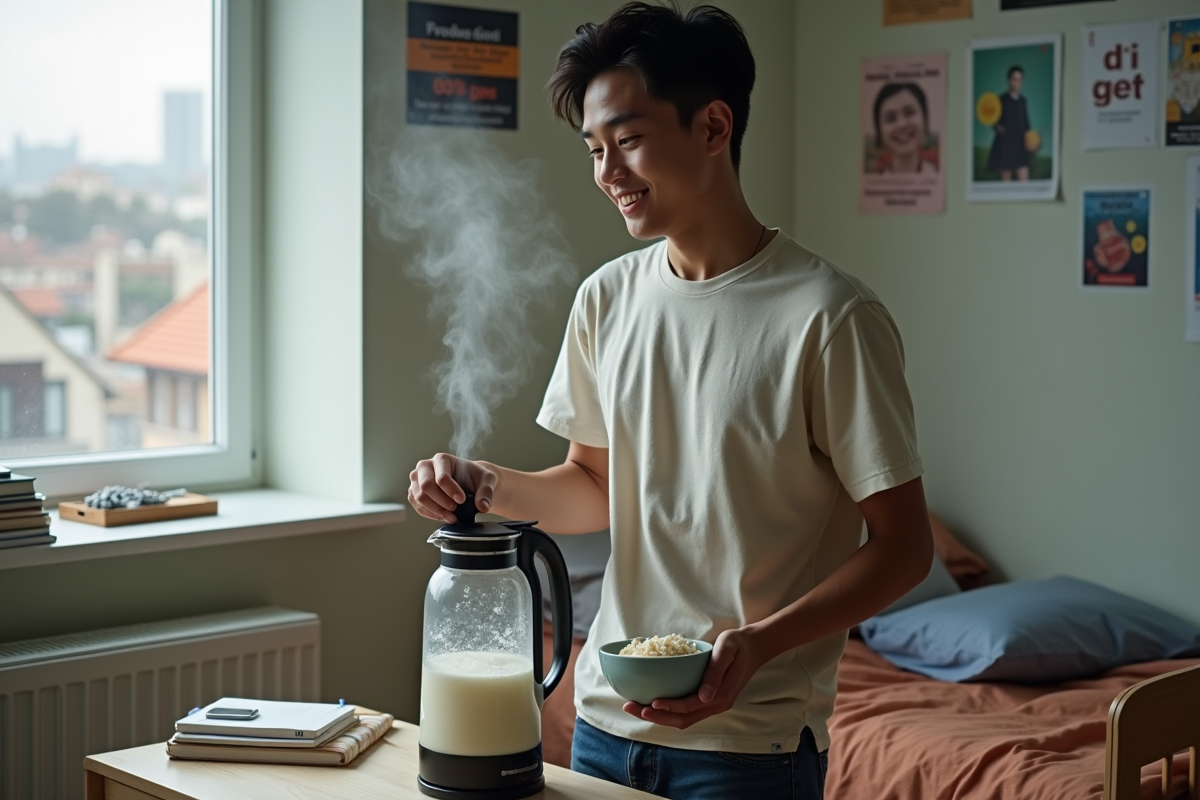 Jeune homme tenant une bouilloire de riz dans une chambre d