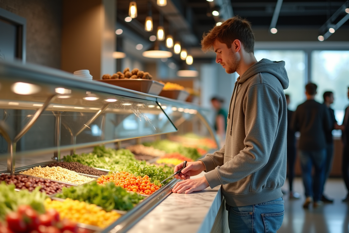 Jeune homme choisissant une salade dans une cafetéria moderne et lumineuse
