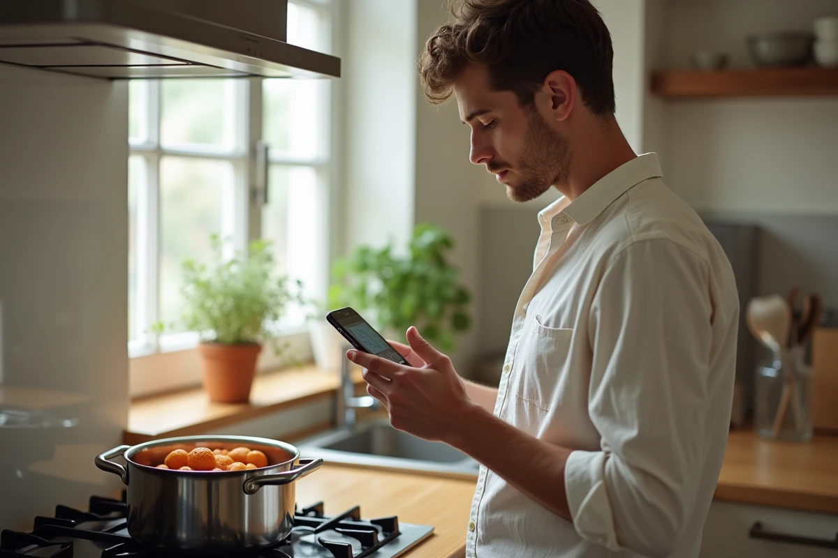 Jeune homme surveillant la cuisson des patates douces