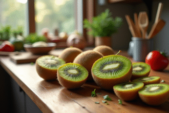 Variété de kiwis entiers et tranchés sur une table en bois