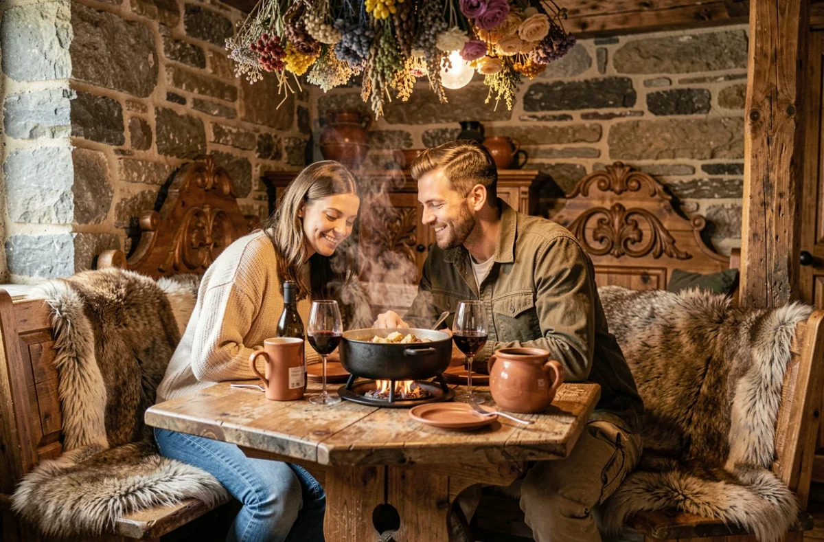 Intérieur chaleureux du chalet gastronomique La Bouitte à Saint-Martin-de-Belleville, couple en tenue montagnarde devant une fondue dans un décor de pierres et bois sculpté