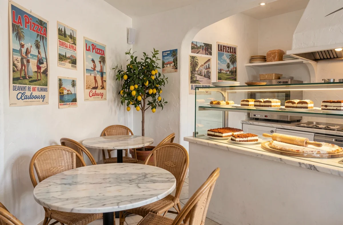Intérieur chaleureux de La Piazza à Cabourg avec tables en marbre, affiches italiennes vintage et comptoir de desserts maison
