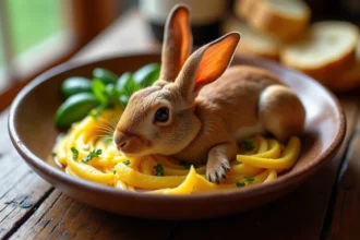 Lapin à la moutarde servi dans une assiette en céramique rustique
