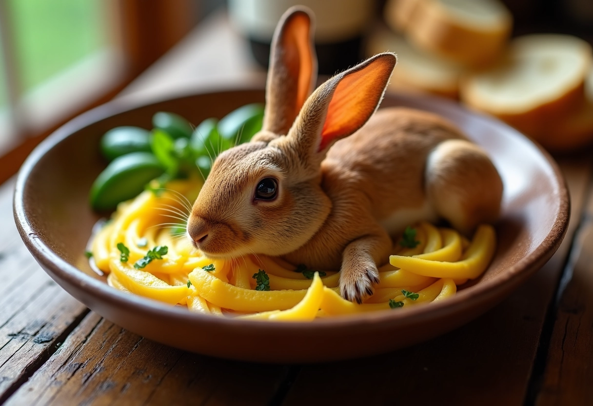 Lapin en sauce moutarde sur table rustique appétissant