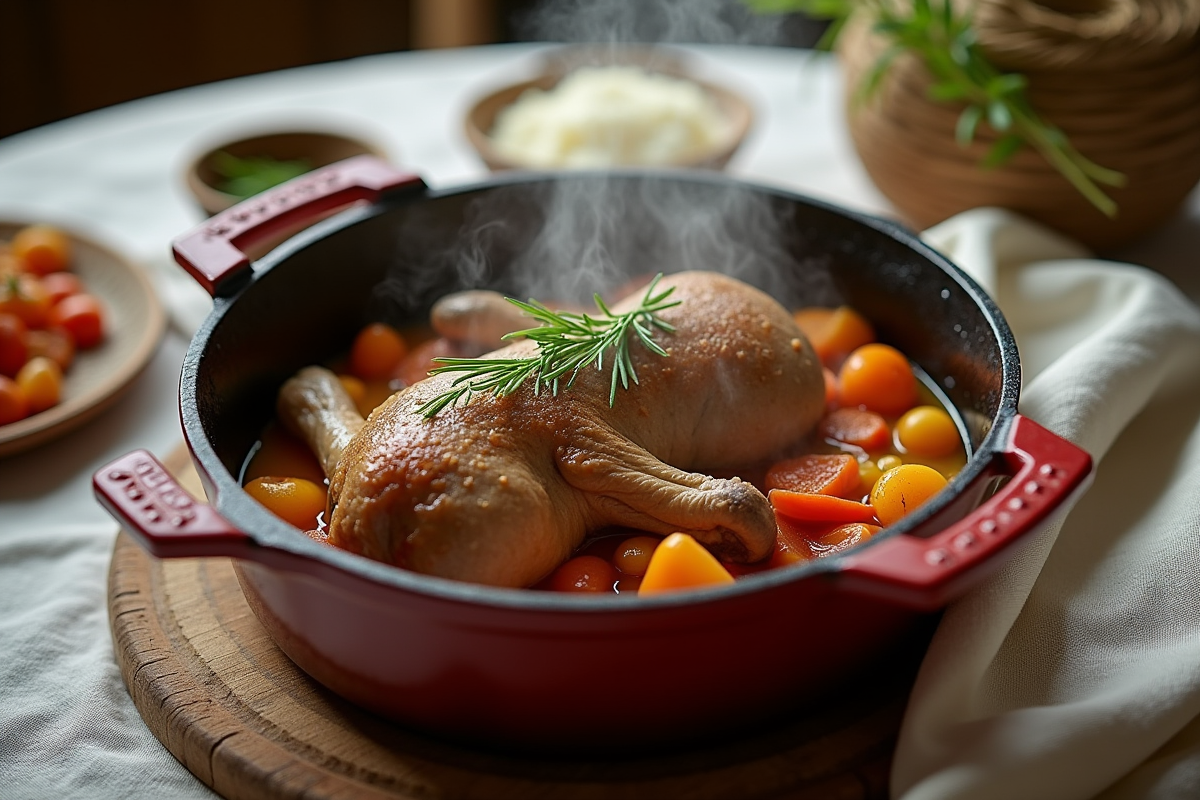 Lapin à la moutarde dans une cocotte en fonte avec légumes colorés