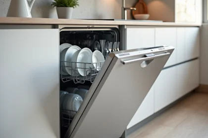 Lave-vaisselle encastrable Valberg porte ouverte avec vaisselle propre dans une cuisine moderne blanche