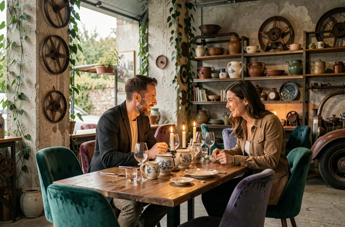 Intérieur insolite du Garage de Sophie, ancien garage reconverti en restaurant romantique avec fauteuils en velours coloré et décor automobile détourné aux chandelles