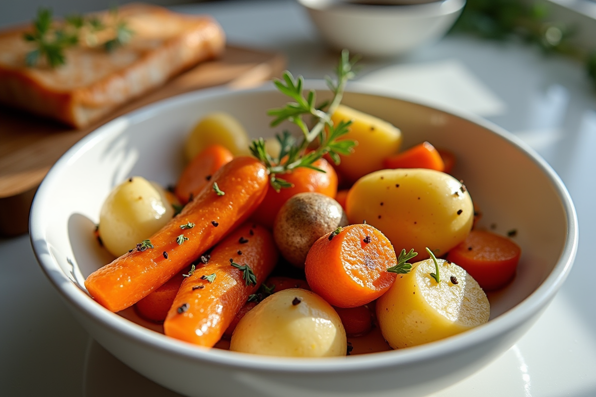 Légumes racines rôtis avec poisson grillé dans une cuisine lumineuse