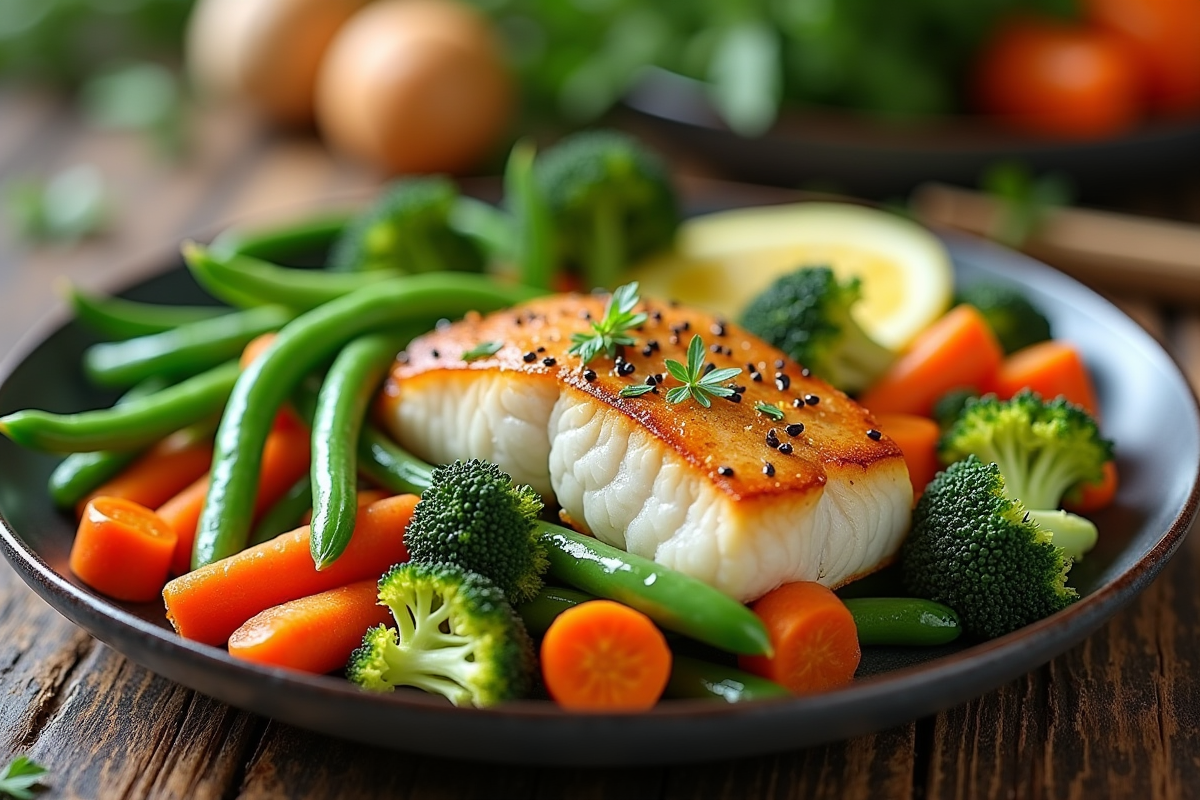 Assiette de légumes vapeur avec filet de poisson blanc frais