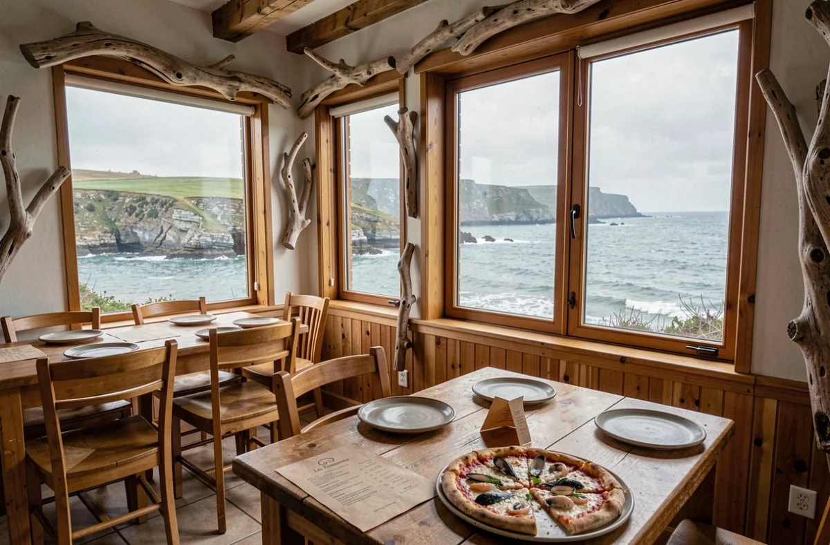 Salle de restaurant Les Tamarins à La Hague avec vue sur la côte normande depuis les grandes fenêtres et pizza aux fruits de mer