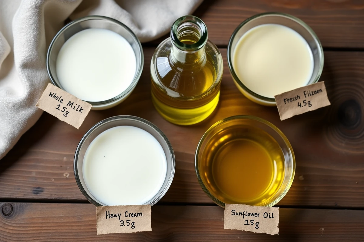 Vue de dessus de bols en verre contenant du lait, de la crème et de l'huile avec étiquettes de poids sur table en bois rustique