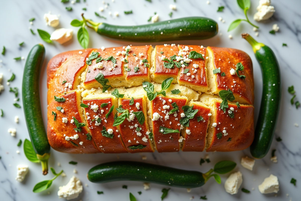 Pain entier de zucchini et feta sur plan de travail en marbre