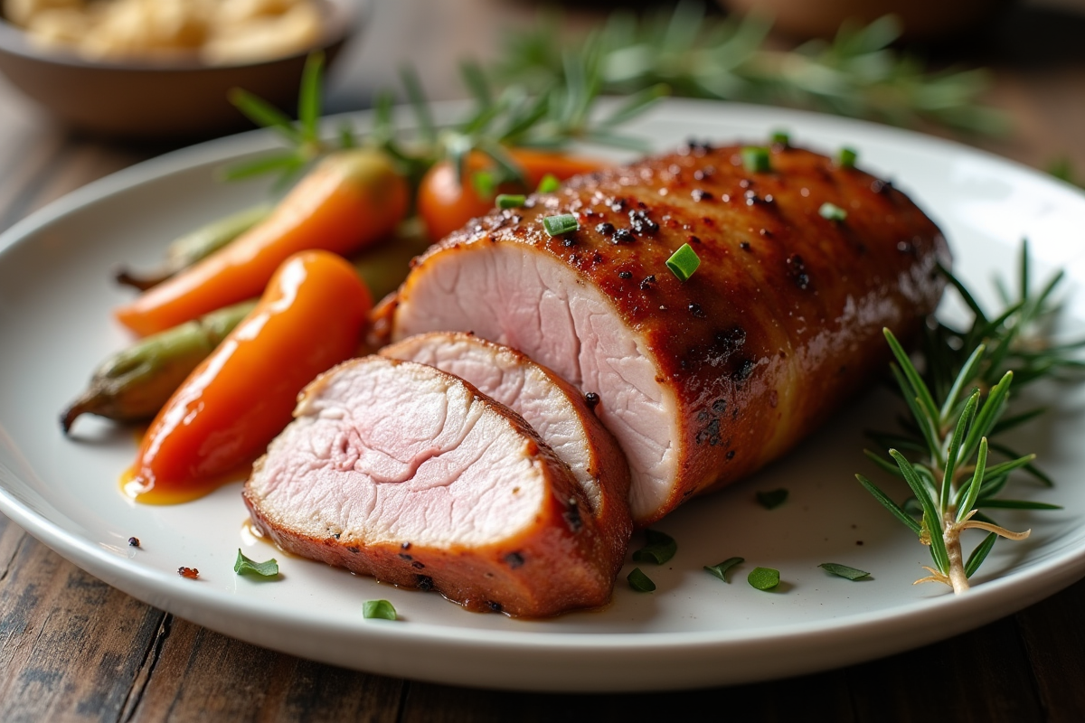 Magret de canard cuit tranché sur une assiette blanche