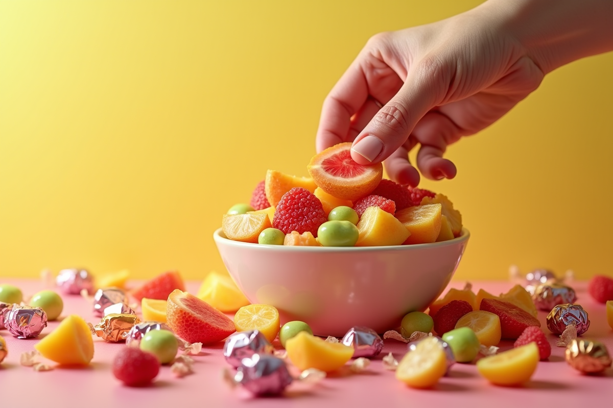 Main attrapant un bol de fruits colorés parmi des emballages de bonbons vides