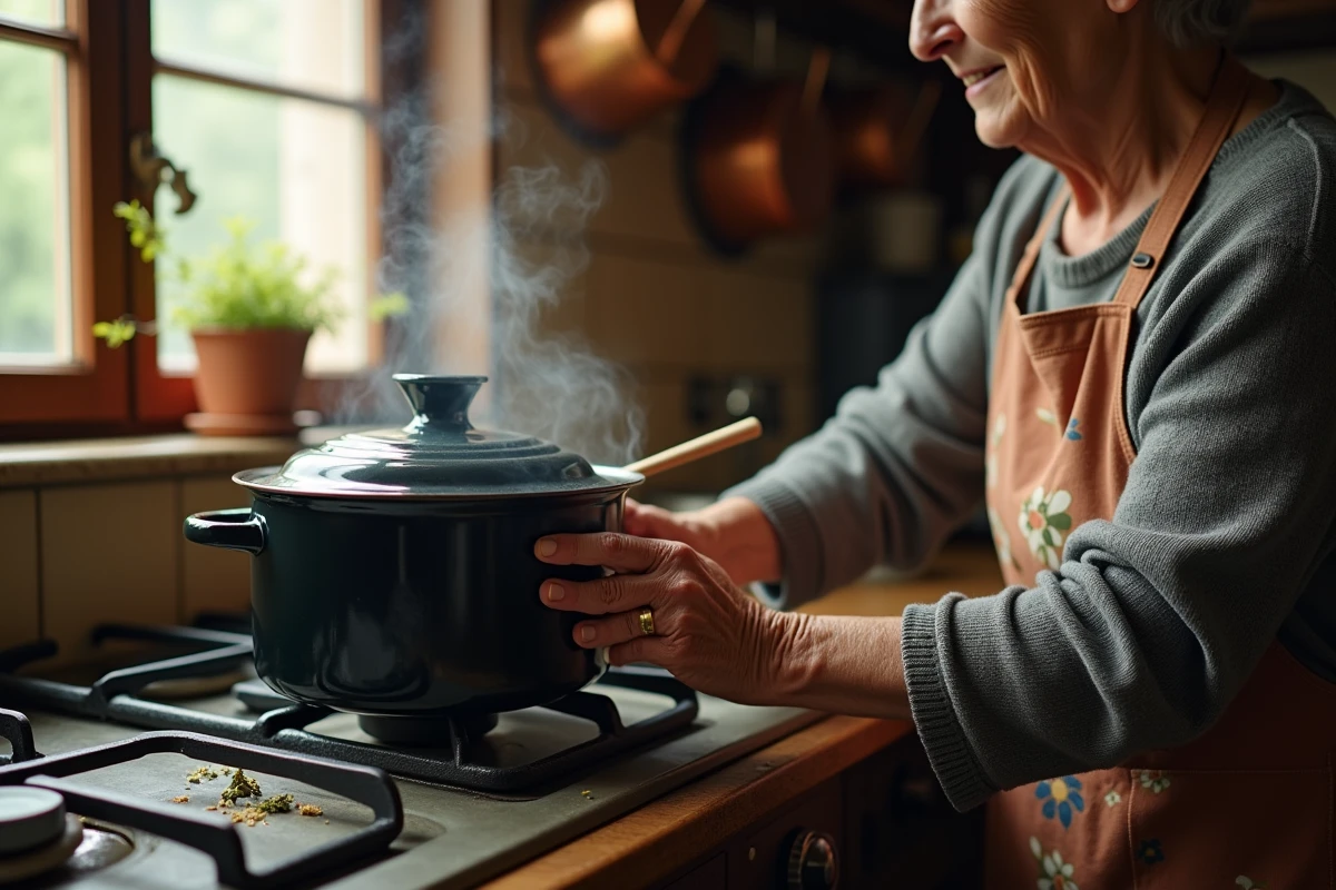 Mains de grand-mère refermant la cocotte de chevreuil en cuisson longue sur cuisinière à gaz vintage