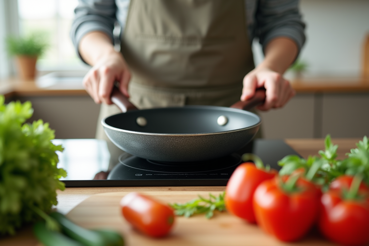 Mains tenant une poele en céramique avec legumes frais